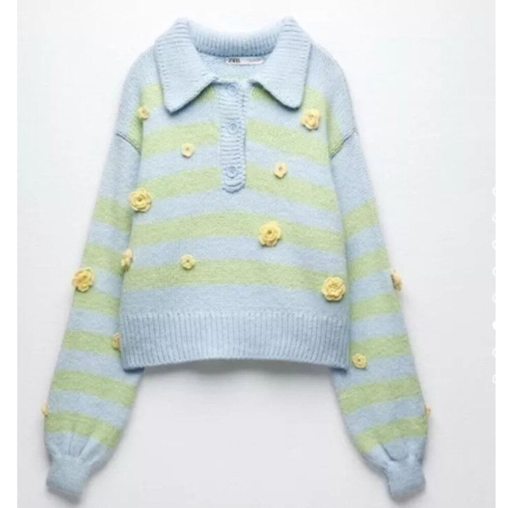 Zara Crochet 3D Floral Embroidered Striped Polo Collared Sweater L Blue Fairy - Picture 4 of 16